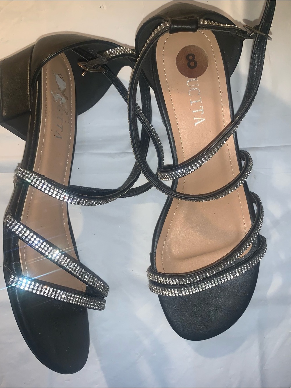 Black Embellished Strappy Block Heel Sandals - Ucita
